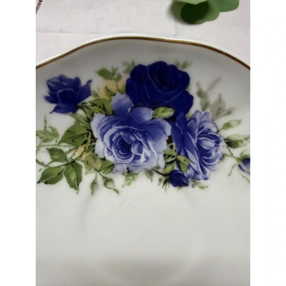 Vintage Blue Rose‎ Porcelain Saucer | Gold Gilded Rim Tea Party Decor